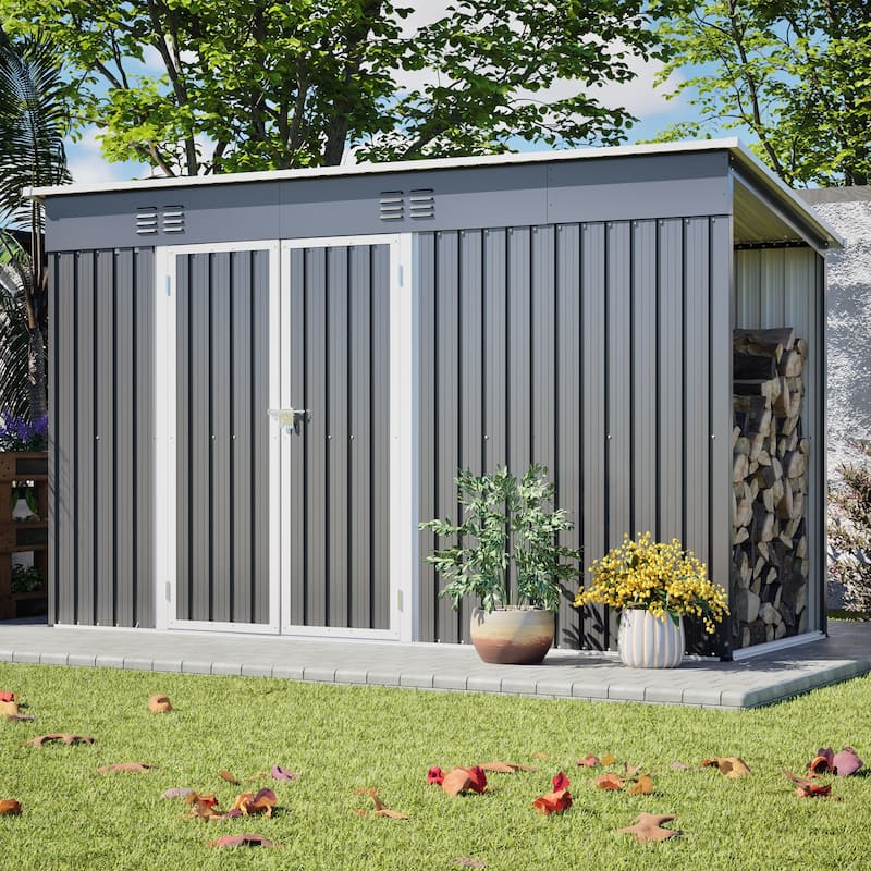 GDFStudio - Lucas All-Weather Outdoor Heavy Duty Metal Storage Shed with Robust Construction and Easy Assembly - 10 x 4 ft - Grey