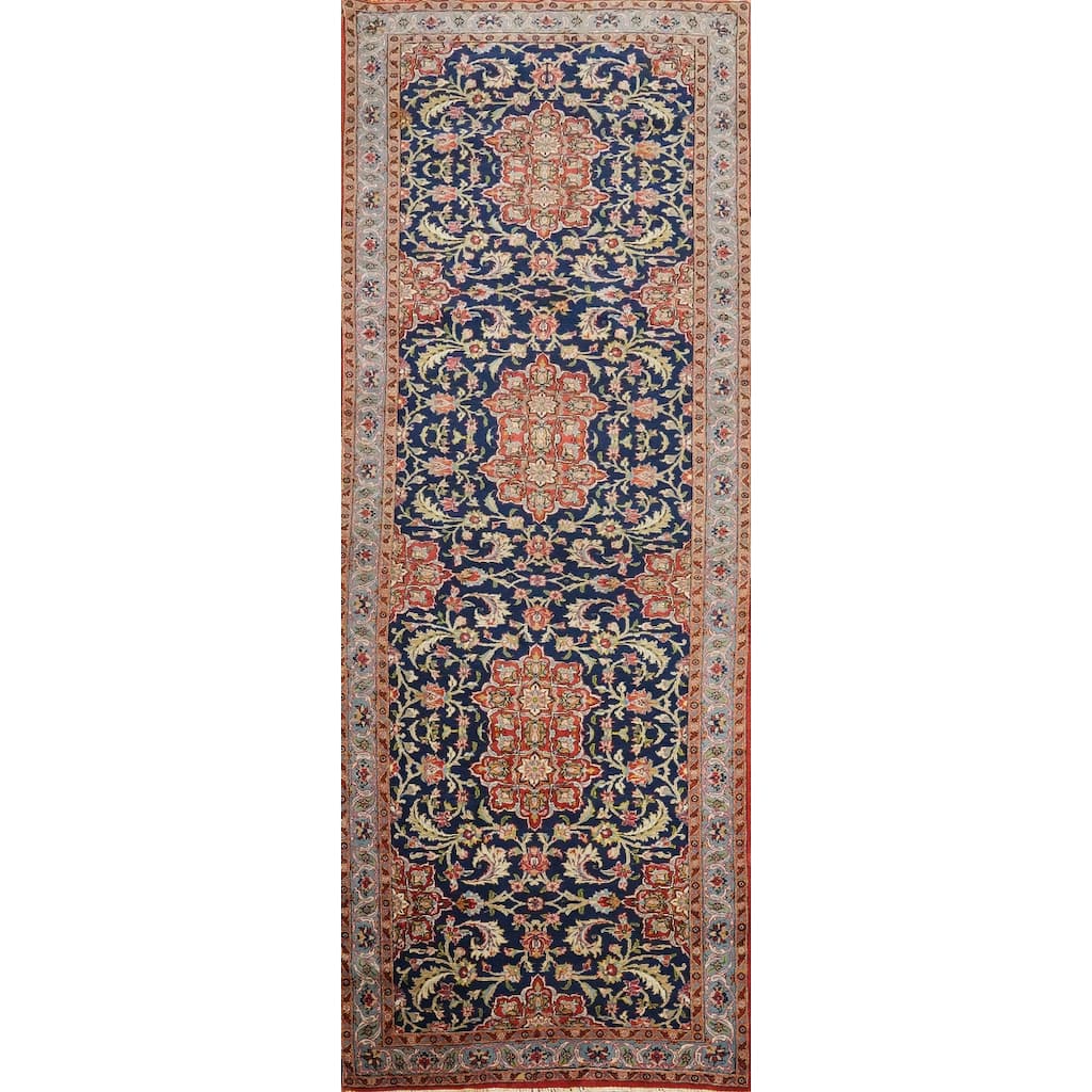 Hand Knotted Oriental 100% Wool Carpet Traditional Floral Navy Blue & Blues Kashan Runner Rug - 10' 9'' X 3' 6''