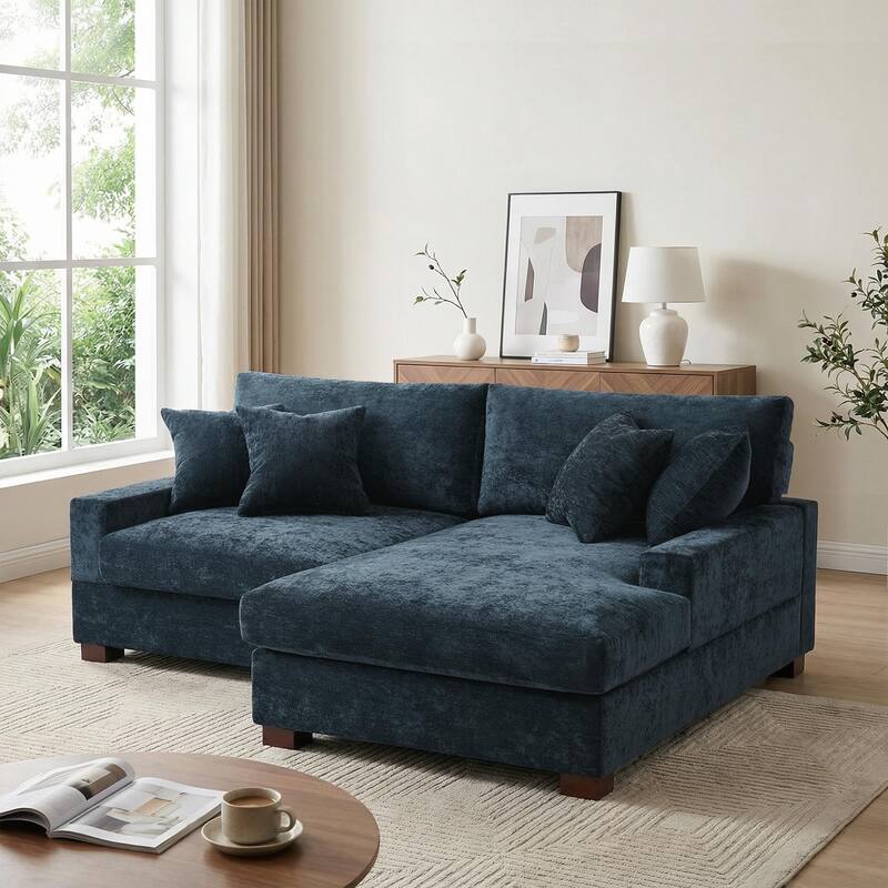 Oversized Modern Chenille Modular Sectional Sofa with Chaise - Right Facing - Blue-2 Piece