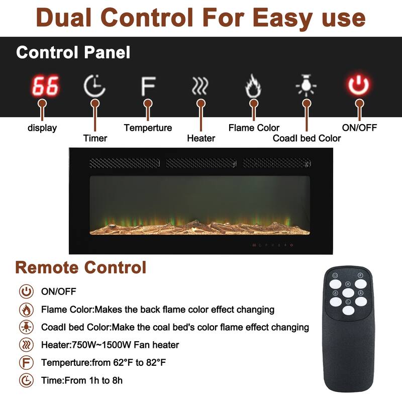 LED Recessed Electric Fireplace with 3 Top Light Colors, Remote Control, Adjustable Heating, and Touch Screen 1500W, Black