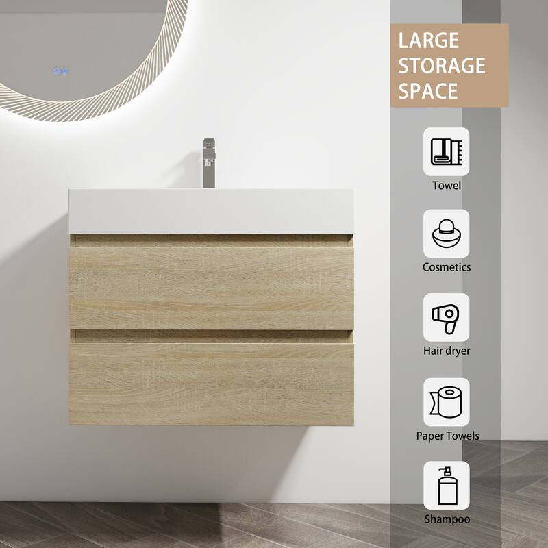 24/30/36 Single Sink Wall-Mounted Bathroom Vanity with Integrated Thick Edge Resin Sink
