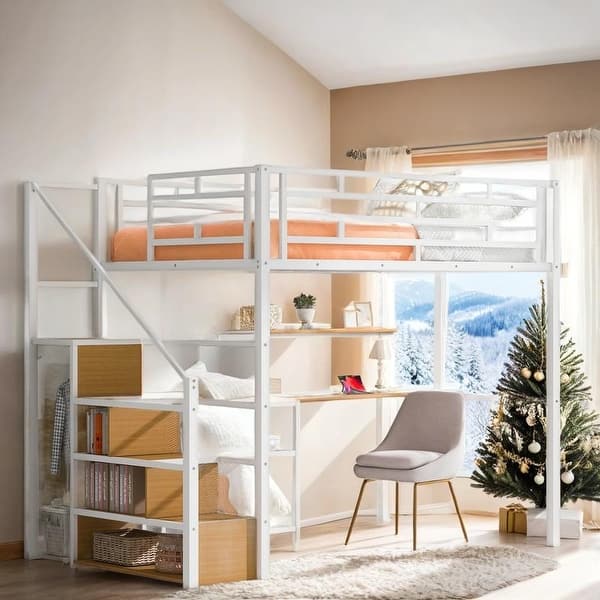 slide 2 of 24, Contemporary Full Size Metal Loft Bed with Wardrobe, Desk, Storage Shelves, Space-saving Design & Safety Guaranteed White