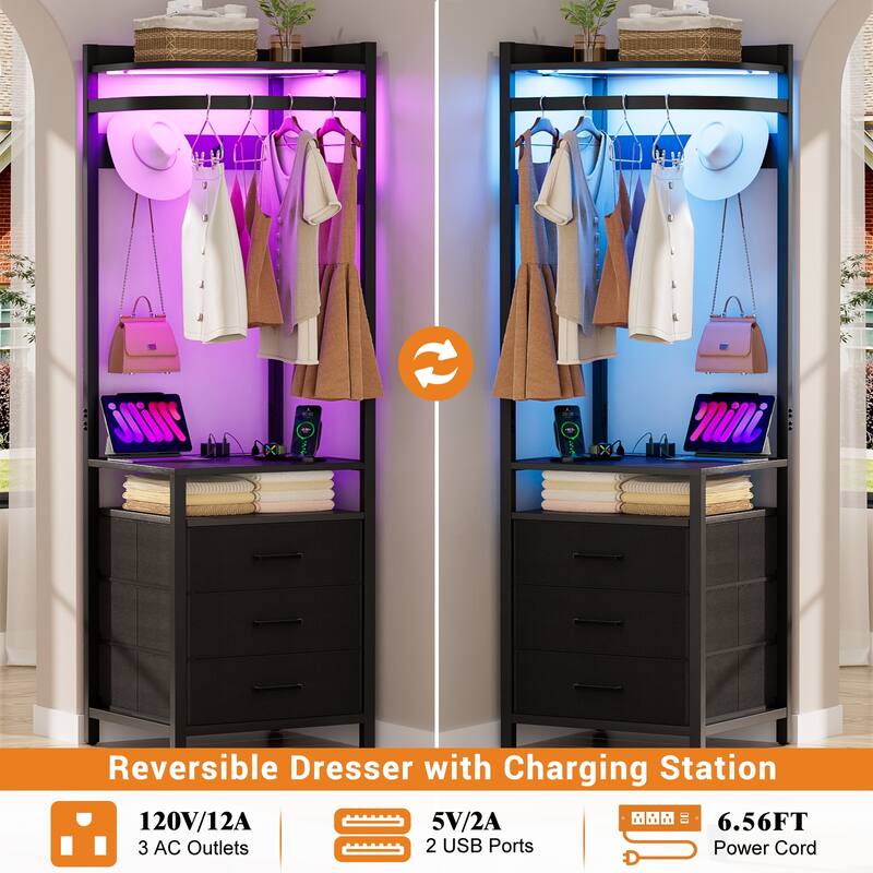 Corner Garment Rack with Power Outlets & LED Lights, Closet Organizer with 3 Fabric Drawers