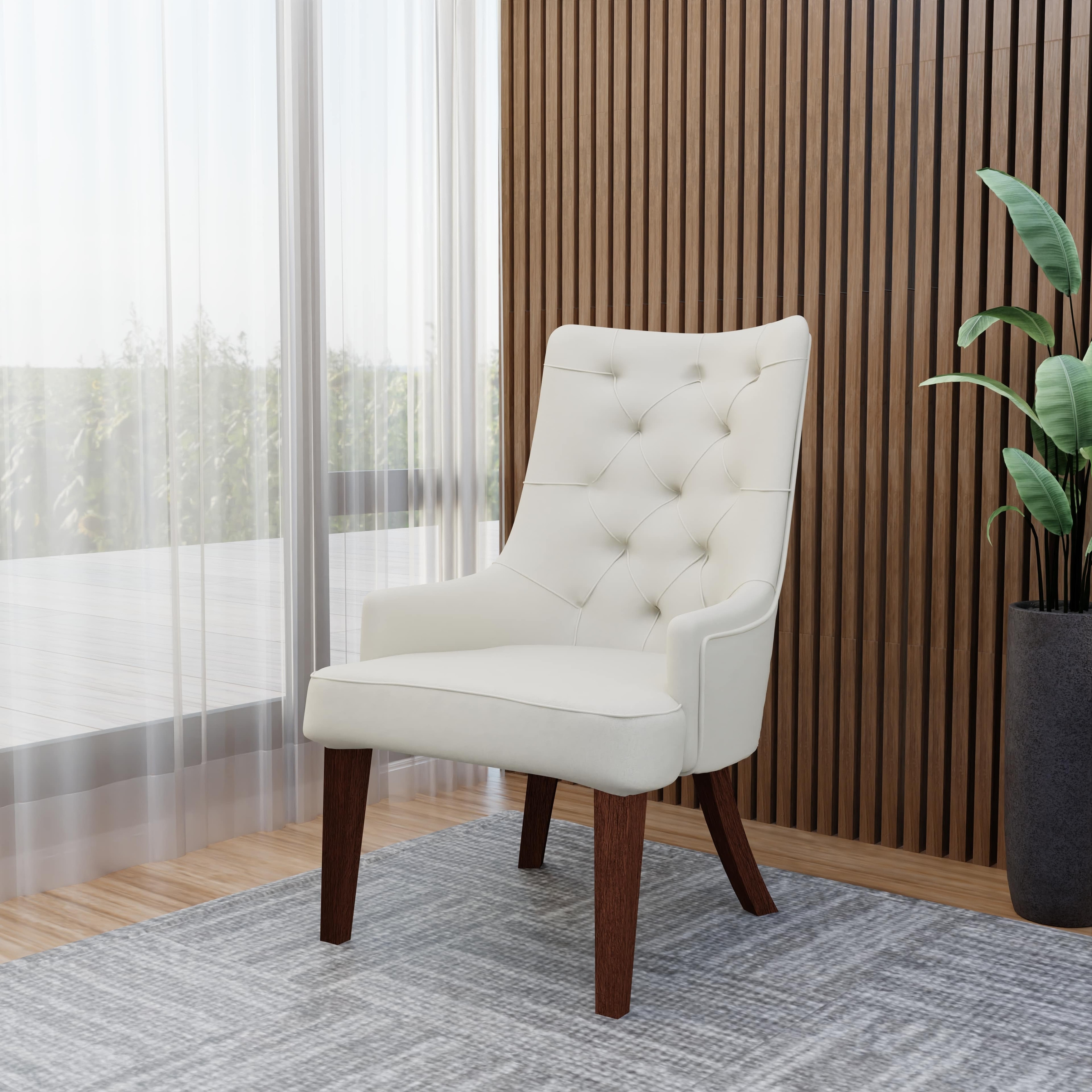 Spruce Series Diamond-Tufted High Back Dining Chair - Leather or Velvet Side Chair - Solid Rubberwood Leg Accent Seating