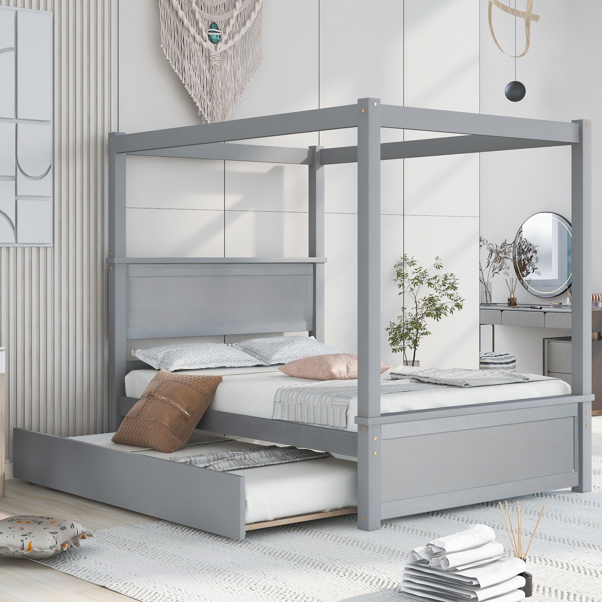Brushed White Wood Canopy Bed with Trundle