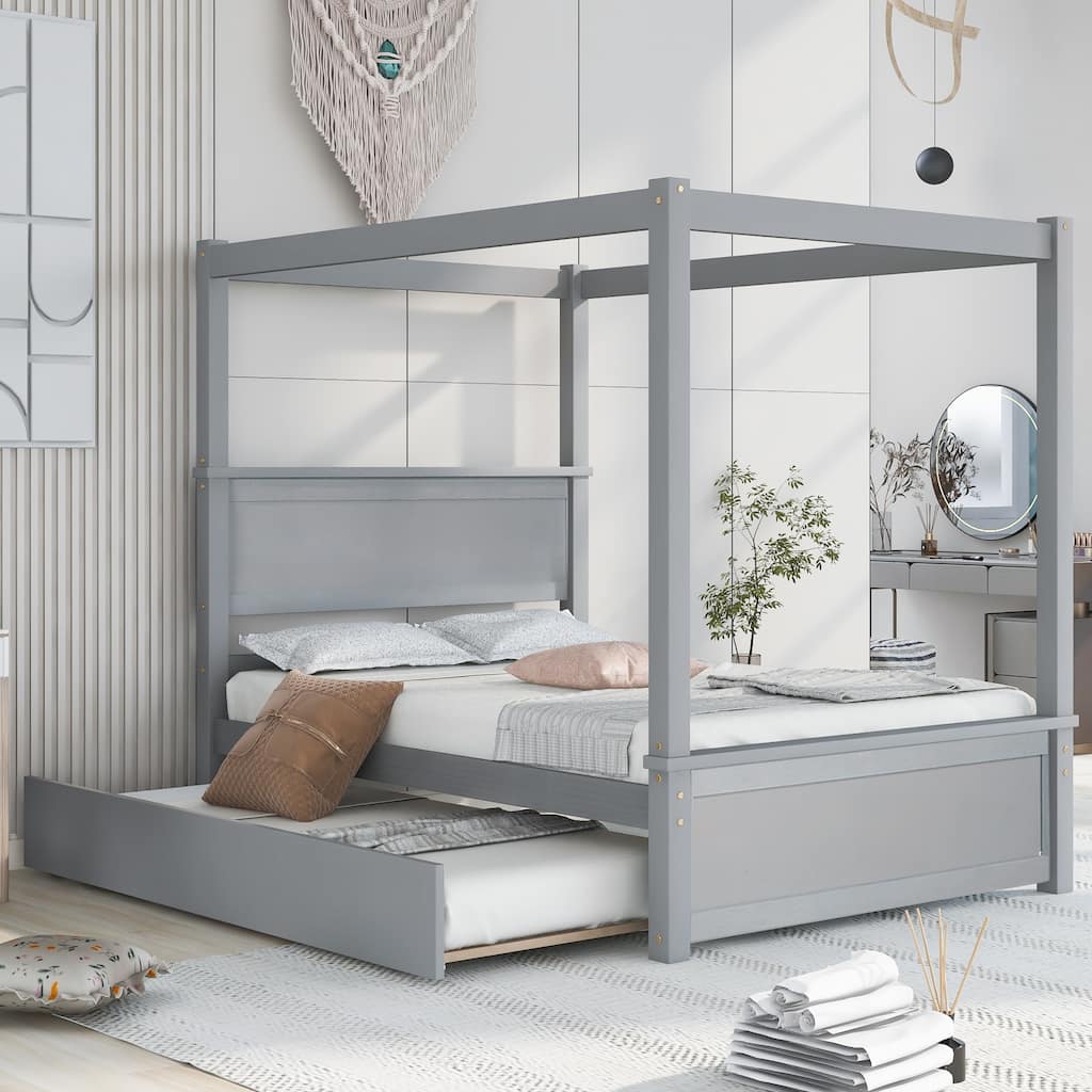 Brushed White Wood Canopy Bed with Trundle