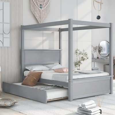 Wood Canopy Bed w/ Trundle Bed, Full Size Canopy Platform Bed w/Support Slats for Children Room, Dormitory, No Box Spring Needed