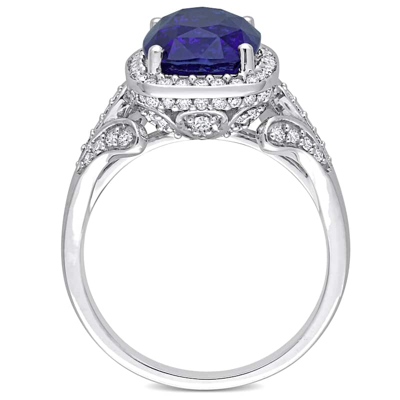 Miadora 5ct TGW Cushion Blue Sapphire and 5/8ct TDW Diamond Halo Cocktail Ring in 14k White Gold