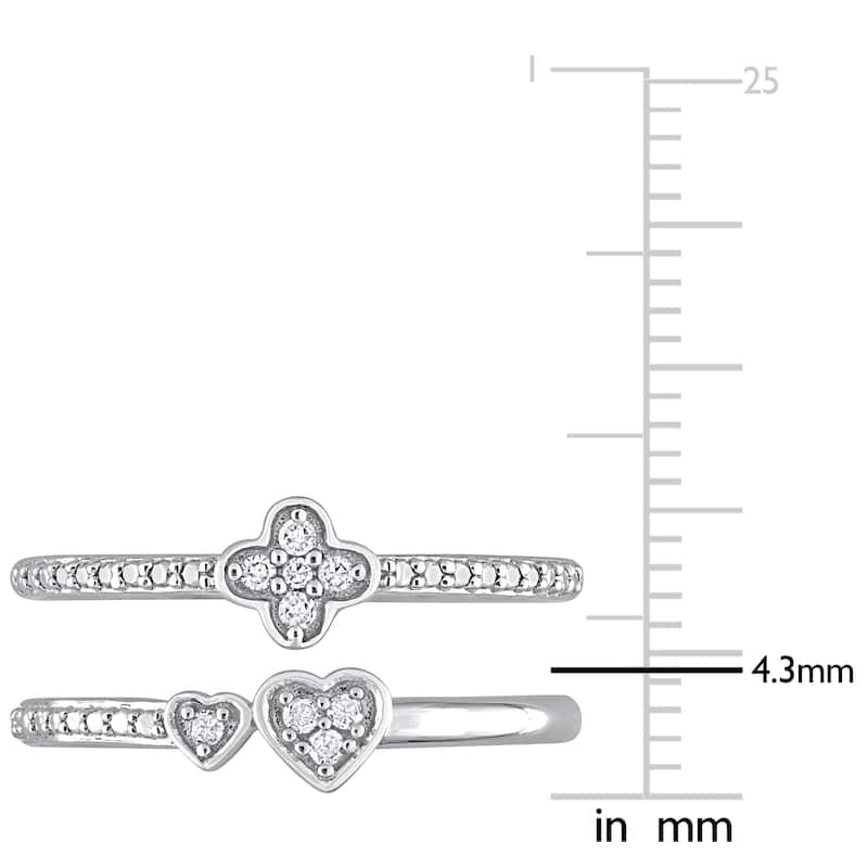 Miadora 1/10ct TW Diamond Floral Double Heart Promise Rings 2-Piece Set Sterling Silver