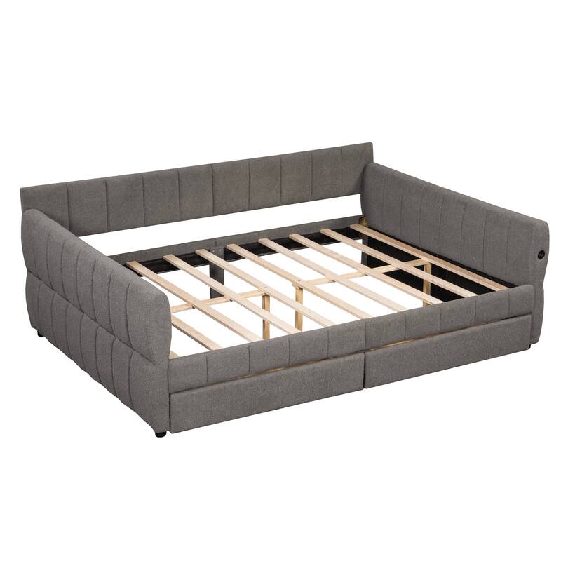 Queen Size Upholstered Platform Bed with USB and 2 Storage Drawers, Low Profile Bed Frame with Wood Slatted Support