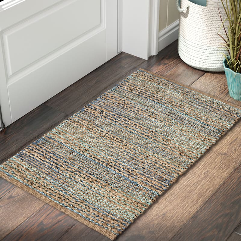 Sevita Organic Jute Geometric Area Rug, Tan and Teal - 2' x 3'