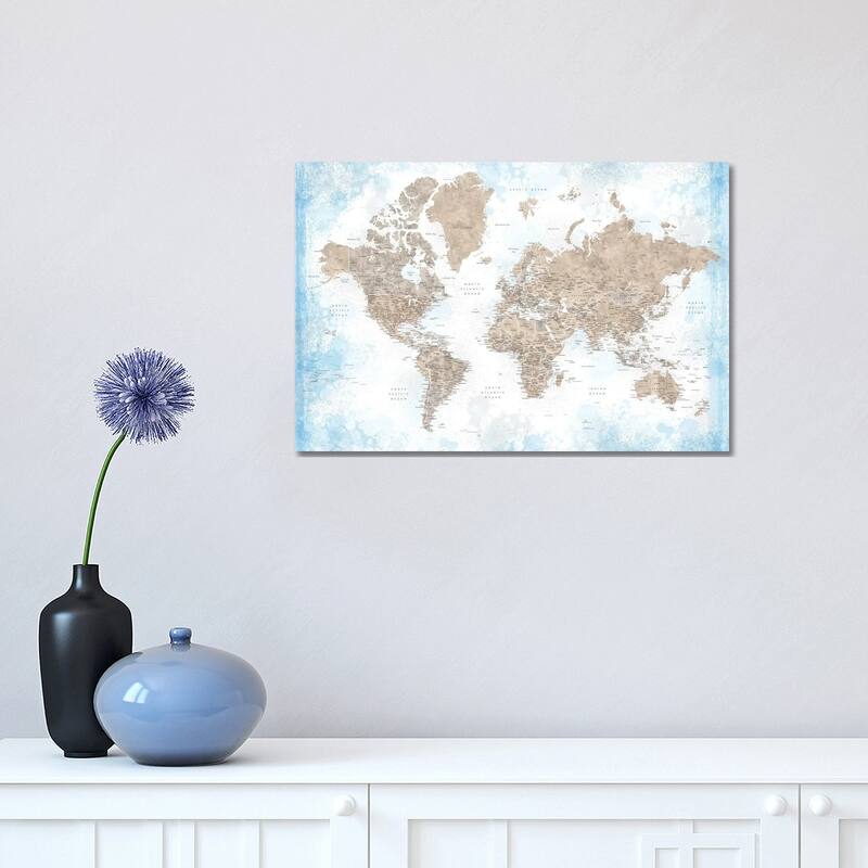 iCanvas "Watercolor Detailed World Map In Blue And Brown, Ghada" by blursbyai Canvas Print - 12x18x1.5