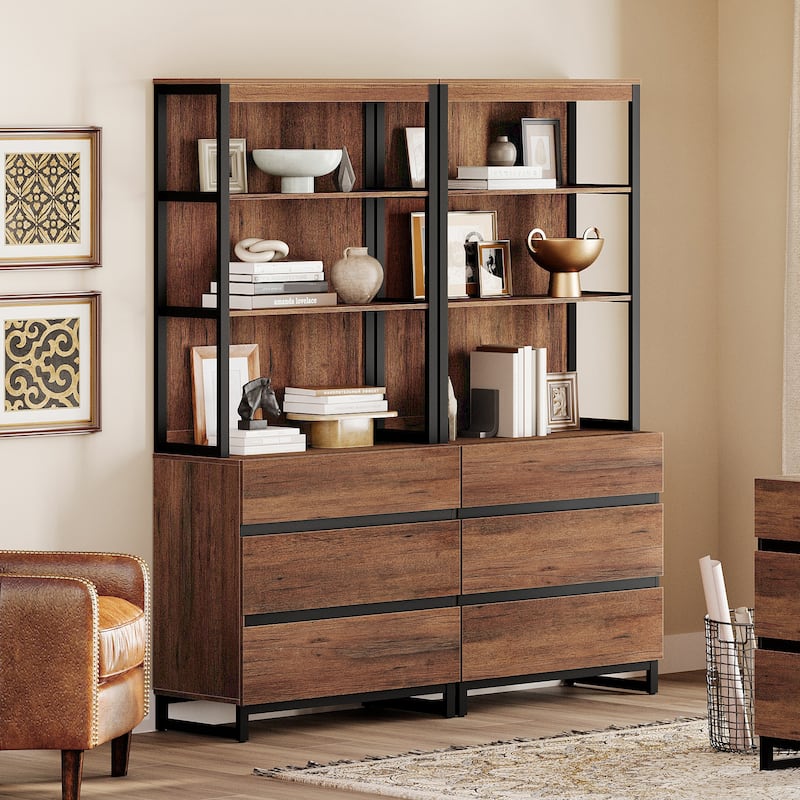 WAMPAT Modern 72" Tall Bookcase with Drawers and Open Book Shelfs, Library Book Shelf for Home Office, Living Room