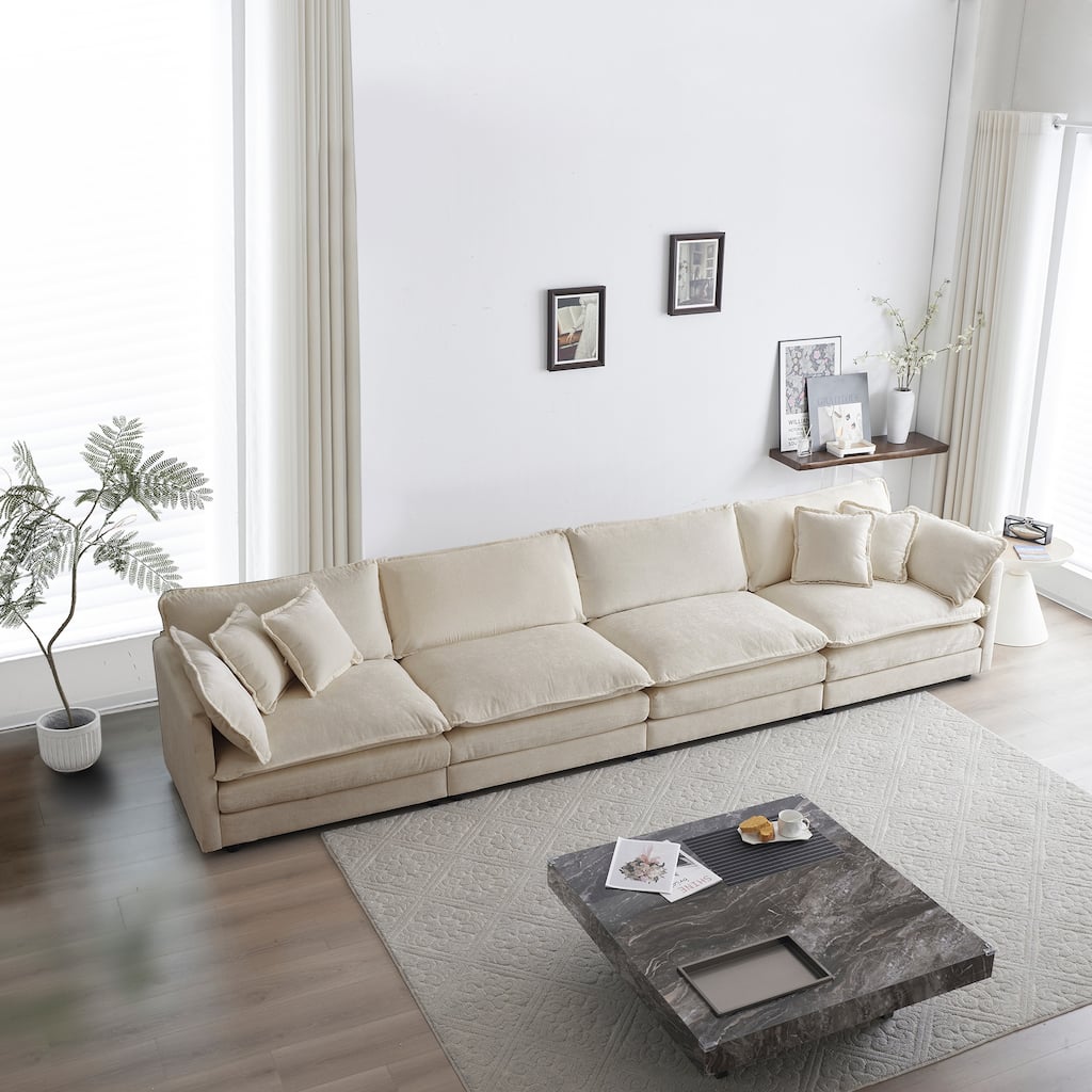 Modern Modular Four Seater Sofa with Chenille Upholstery and Configurable Cushions for Living Room and Guest Room