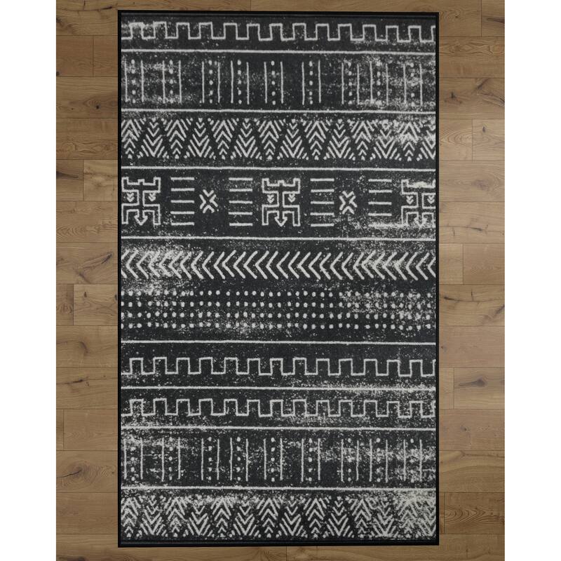 Deerlux Boho Living Room Area Rug with Nonslip Backing, Black Tribal Pattern - 3 x 5