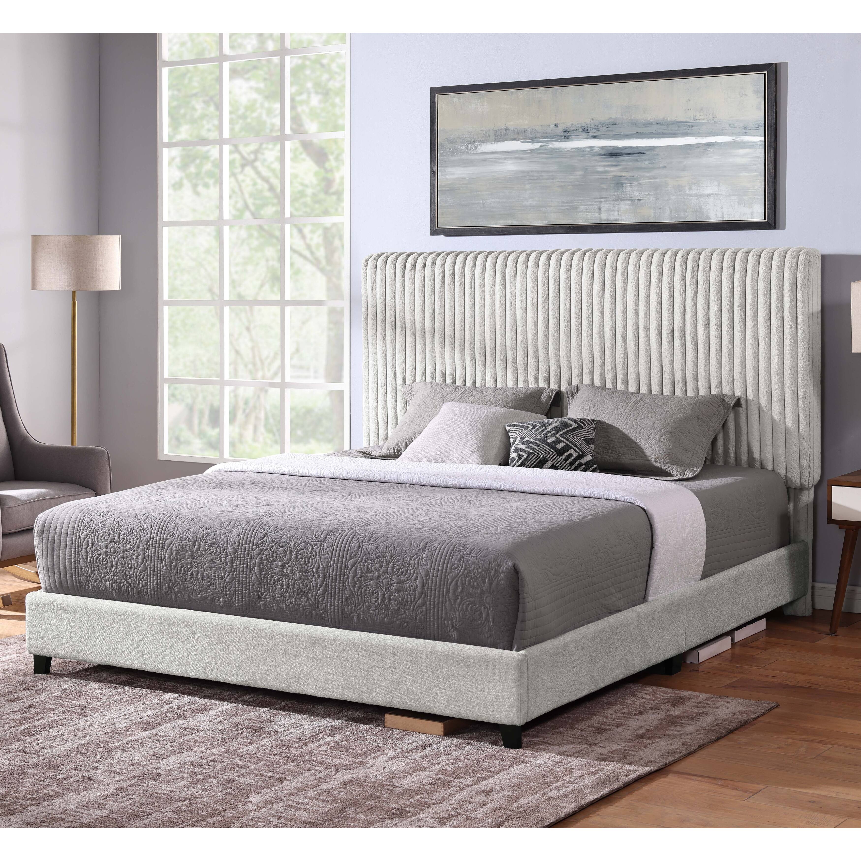 King Size Minky Stone Upholstered Platform Bed with Padded, Upholstered