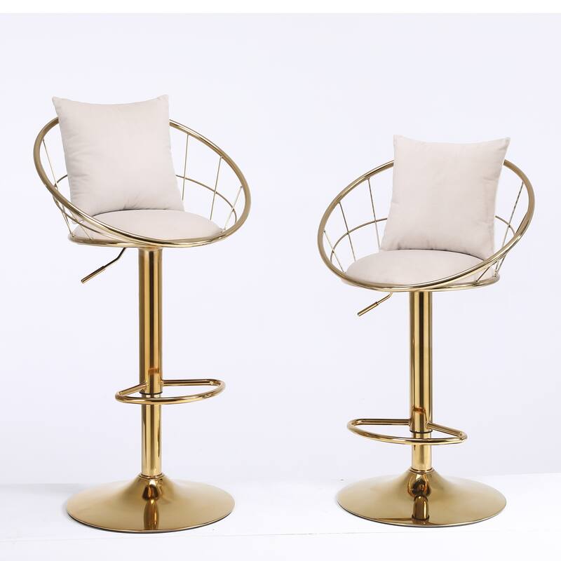 Velvet Bar Chair, Pure Gold Plated, 360 Degree Rotation, Adjustable Height, For Dinning Room And Bar, Set Of 2