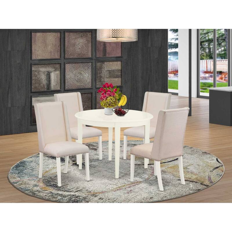HomeStock 5-Pc Linen white Solid Wood Top - Round Dining Room Set - Seats 4