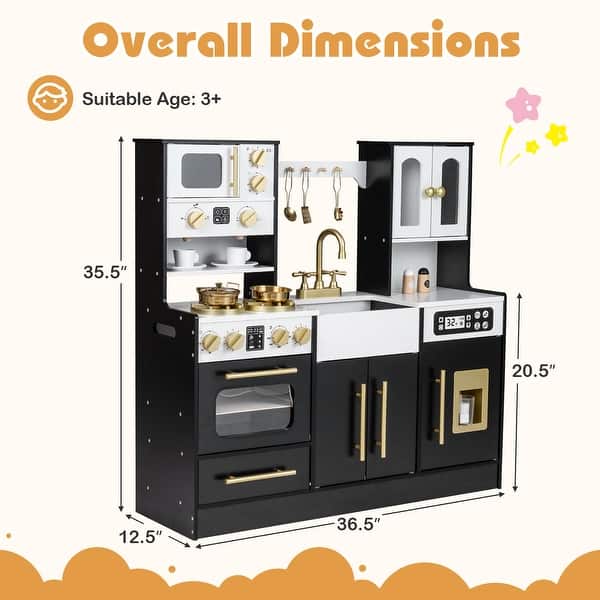 dimension image slide 1 of 2, Gymax Wooden Kitchen Playset w/Realistic Lights & Sounds Stoves Sink
