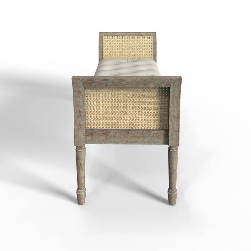 Dilwen Wooden Tufted Upholstered Bench with High Flared Rattan Arms