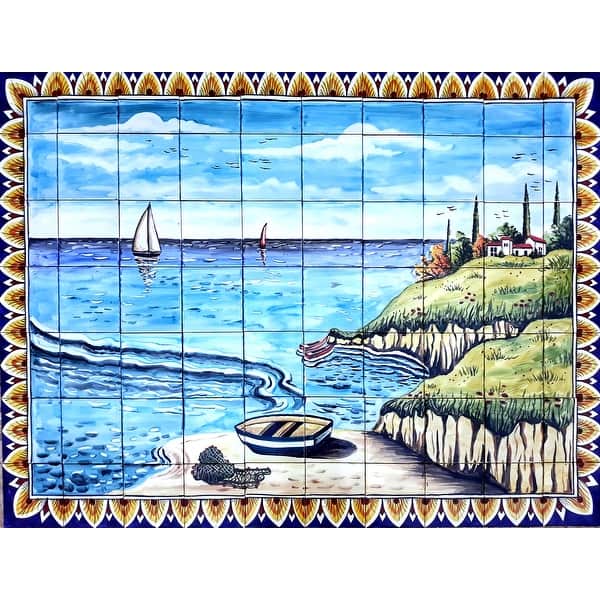 slide 1 of 3, 60in x 42in Sea View Design 70pc Tile Ceramic Wall Mural