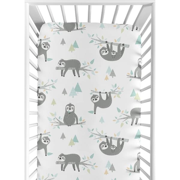slide 2 of 6, Sweet Jojo Designs Blue Grey Jungle Sloth Leaf Unisex Boy or Girl Fitted Crib Sheet - Turquoise Gray Green Botanical Rainforest