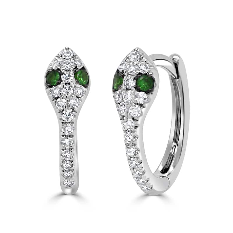 Joelle Collection Snake Huggie Hoop Earrings Gemstone 14K Gold - Green - Tsavorite - White