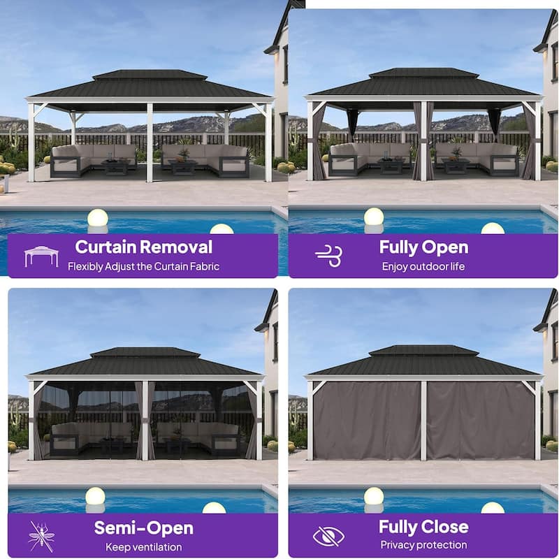 PURPLE LEAF Patio Hardtop Gazebo Pro for Outdoor Grey Galvanized Steel Double Roof White Aluminum Poles