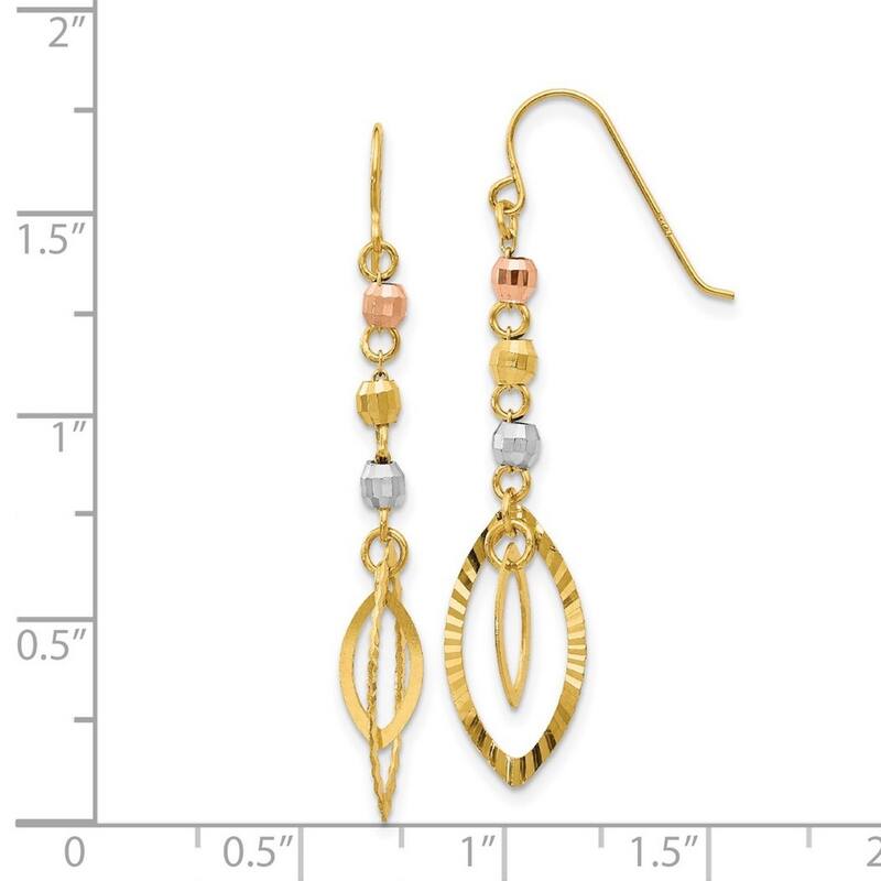 Curata 14K Tri-Color Gold 38x8mm Faceted Bead Oval Dangle Earrings