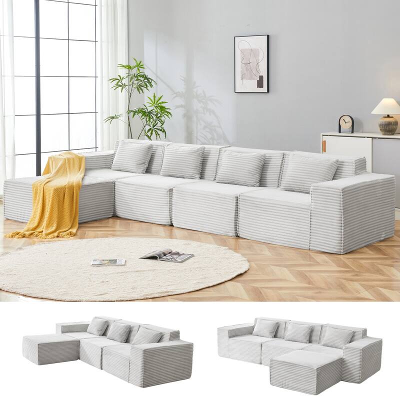 L-Shaped Modular Sectional Sofa with Ottoman, Striped Corduroy Deep Seat Cloud Couch, Large 4-Seat Corner Sofa