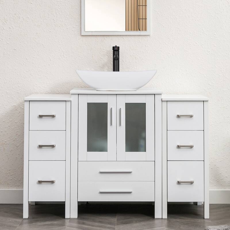 48" Bathroom Vanity Set Vessel Sink Faucet W/ Small Cabinet Combo - white ceramic curved sink - White
