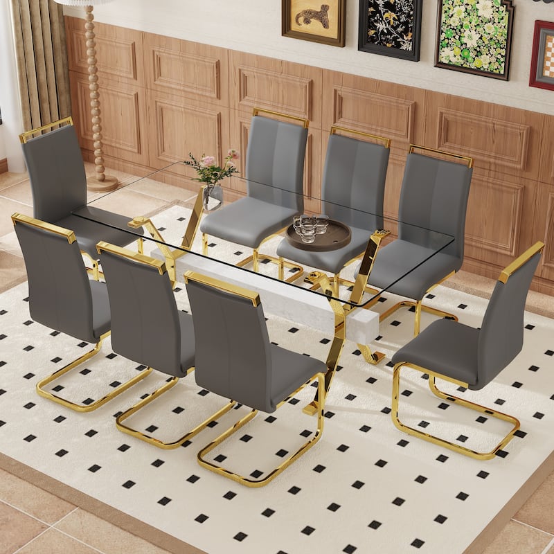 9-Piece Glass Dining Table Set for 8, 71" Rectangular Table with Gold Metal Base, 8 PU Dining Chairs for Kitchen, Dining Room - Dark Gray,Gold