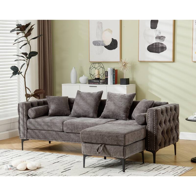 85" L-Shaped 4-Seater Sectional Sofa with Convertible Storage Ottoman, Pillows, Solid Wood Frame, and Modern Tufting
