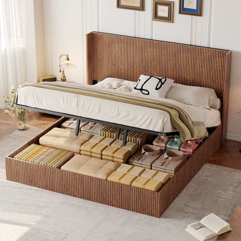 Large Grooved Undulating Lift Storage Bed Frame, Wooden Platform Bed Frame With Lift Storage, No Spring Box Required (King)