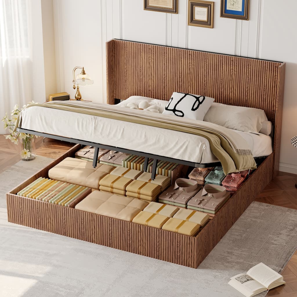 Walnut Low Profile Bed King Size Vertical Fluted Platform Bed Frame with Hydraulic Lift Storage and Wingback Headboard