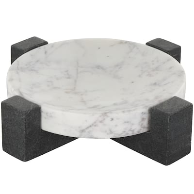Marble Geometric Round Tray with Black X-Shaped Base - White - Roche River Decor