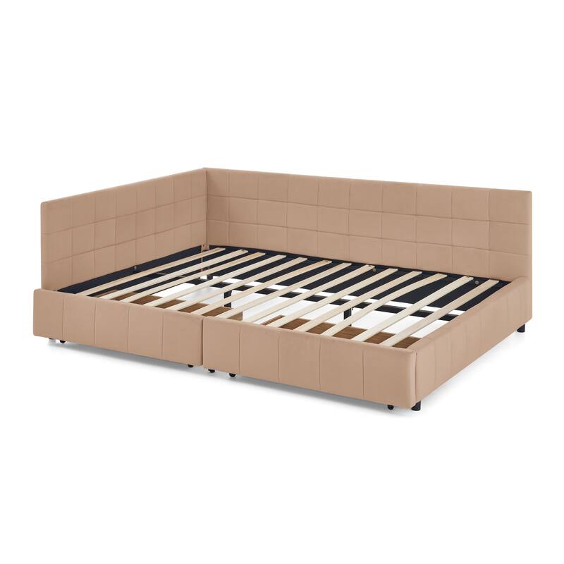 Queen Size Platform Bed with Storage Drawers and Unique Armrest Design