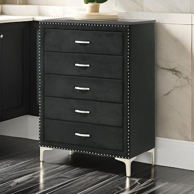 Moha 50 Inch Tall Dresser Chest, 5 Drawers, Metal Handles, Black Velvet