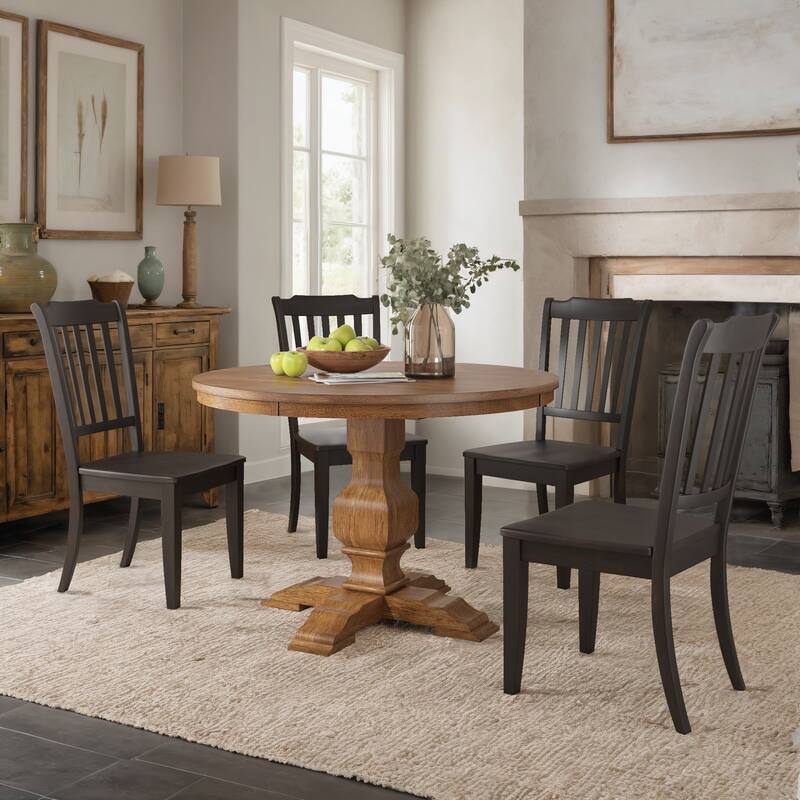Ronda 45" Round Solid Wood Top Dining Set with Spindle Back Chairs - Oak Table - Antique Black Chairs