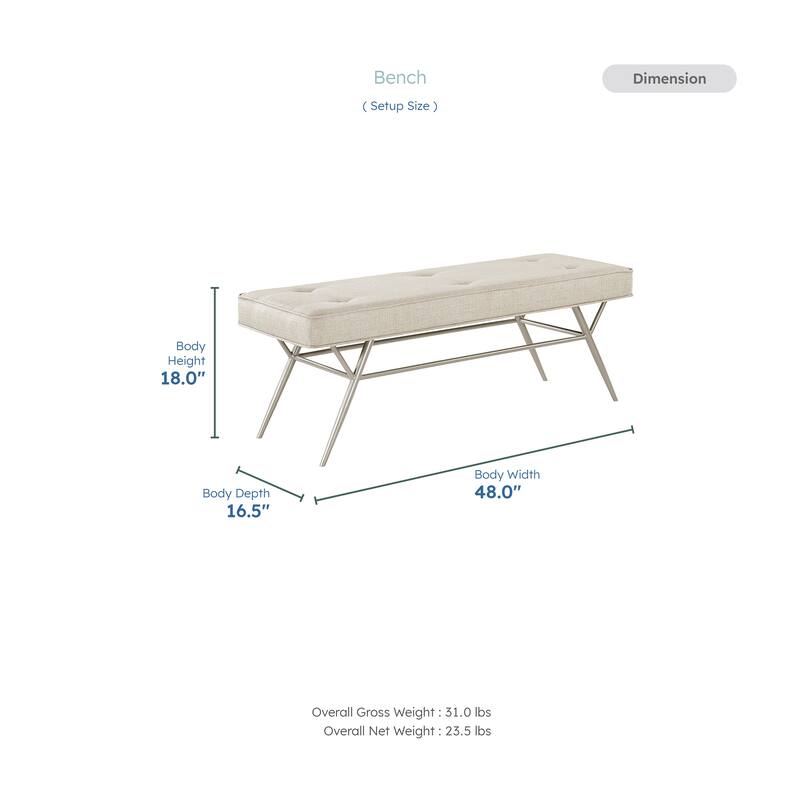 Malibu 48" Textured Fabric Bench - Champagne Finish Iron Metal Frame