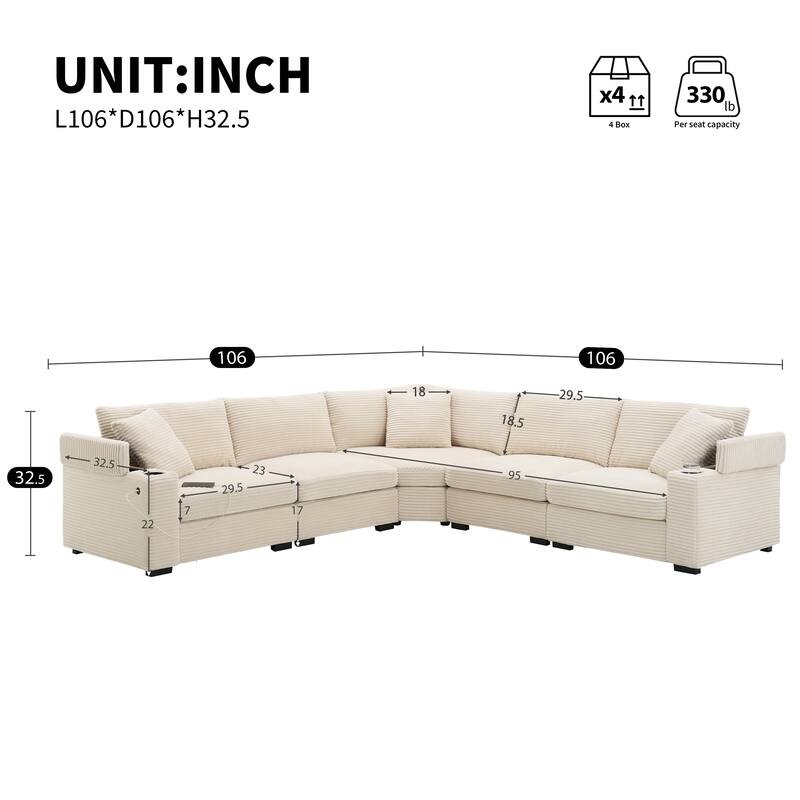 106" Corduroy L-Shaped Sectional Sofa with USB Charger and Storage, 5-Seater, 330lb Capacity