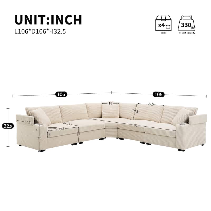 Convertible L Shaped Sectional Sofa, Oversized Corduroy Upholstered Sofa, Modular Corner Sofa with Cup Holders & USB Charger - Beige