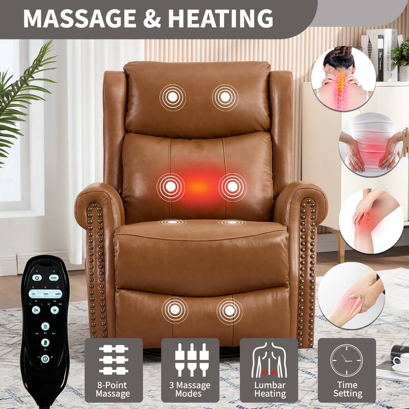 Manual Recliner Chair with Heat & Massage, Genuine Leather Swivel Recliner Chair, Lounge Sofa Chair with Side Pockets