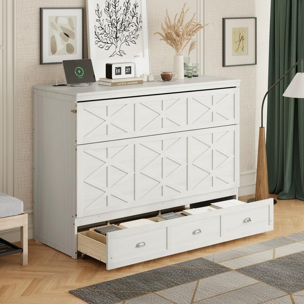 Queen Size Convertible Cabinet Bed with USB Ports by Harper&Bright Designs