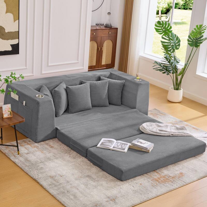 Modern Convertible Loveseat Sofa Bed, Corduroy Fabric Foldable Floor Couch w/5 Pillows, Side Pockets & Cup Holders, No Assembly
