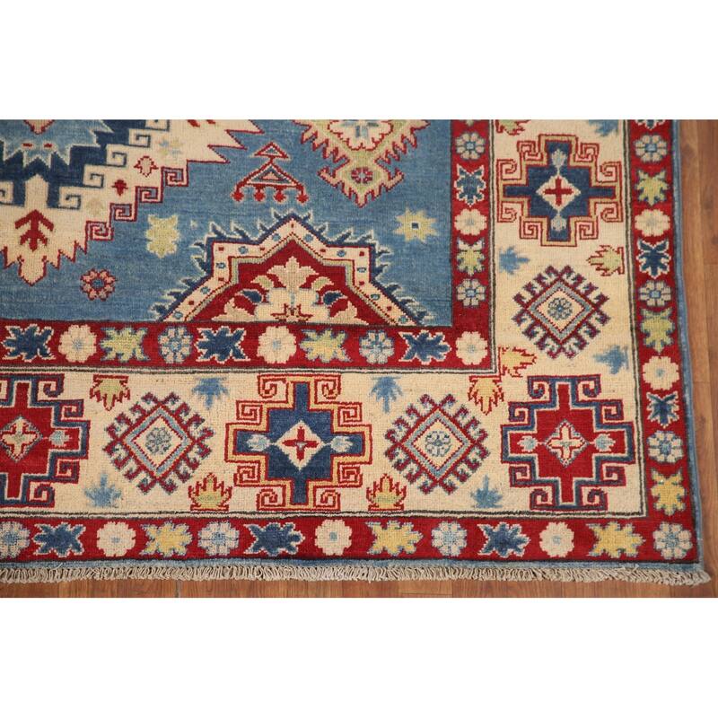 Hand Knotted Oriental 100% Wool Carpet Traditional Geometric Navy Blue & Blues Kazak Area Rug - 9' 10'' X 6' 8''
