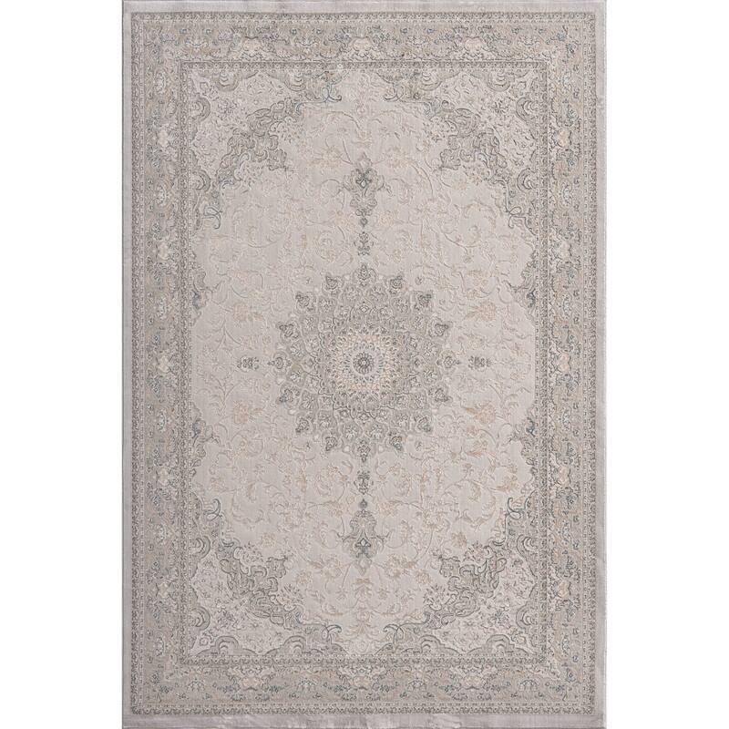 Sevita Gray and Cream Traditional Medallion Polyester Area Rug - 7'9" x 10'9"