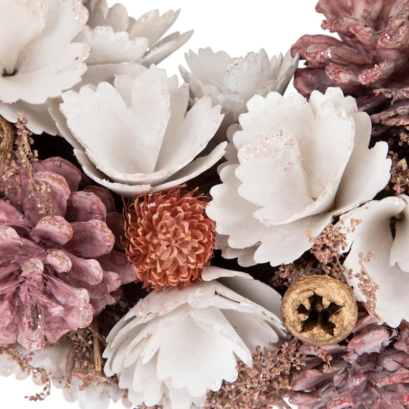 13" White and Pink Wooden Floral Christmas Wreath with Pinecones