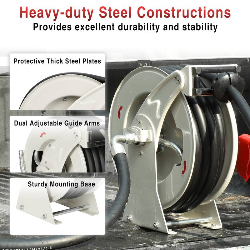 Fuel Hose Reel Retractable 3/4'' 50ft with Fueling Nozzle, Diesel Fuel Hose Reel