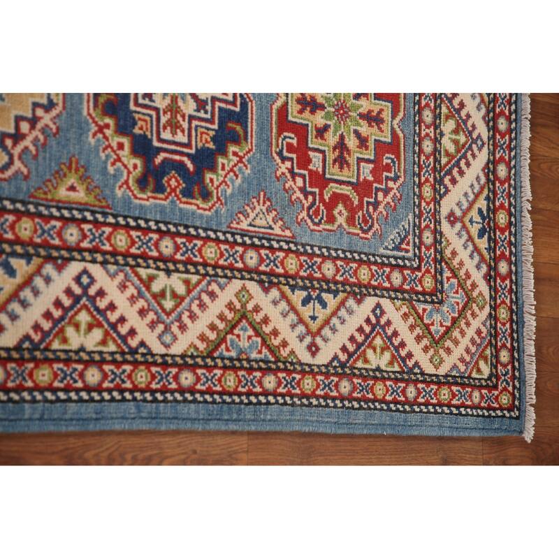 Blue Geometric Kazak Runner Rug Hand-Knotted Wool Carpet - 2'9" x 11'3"